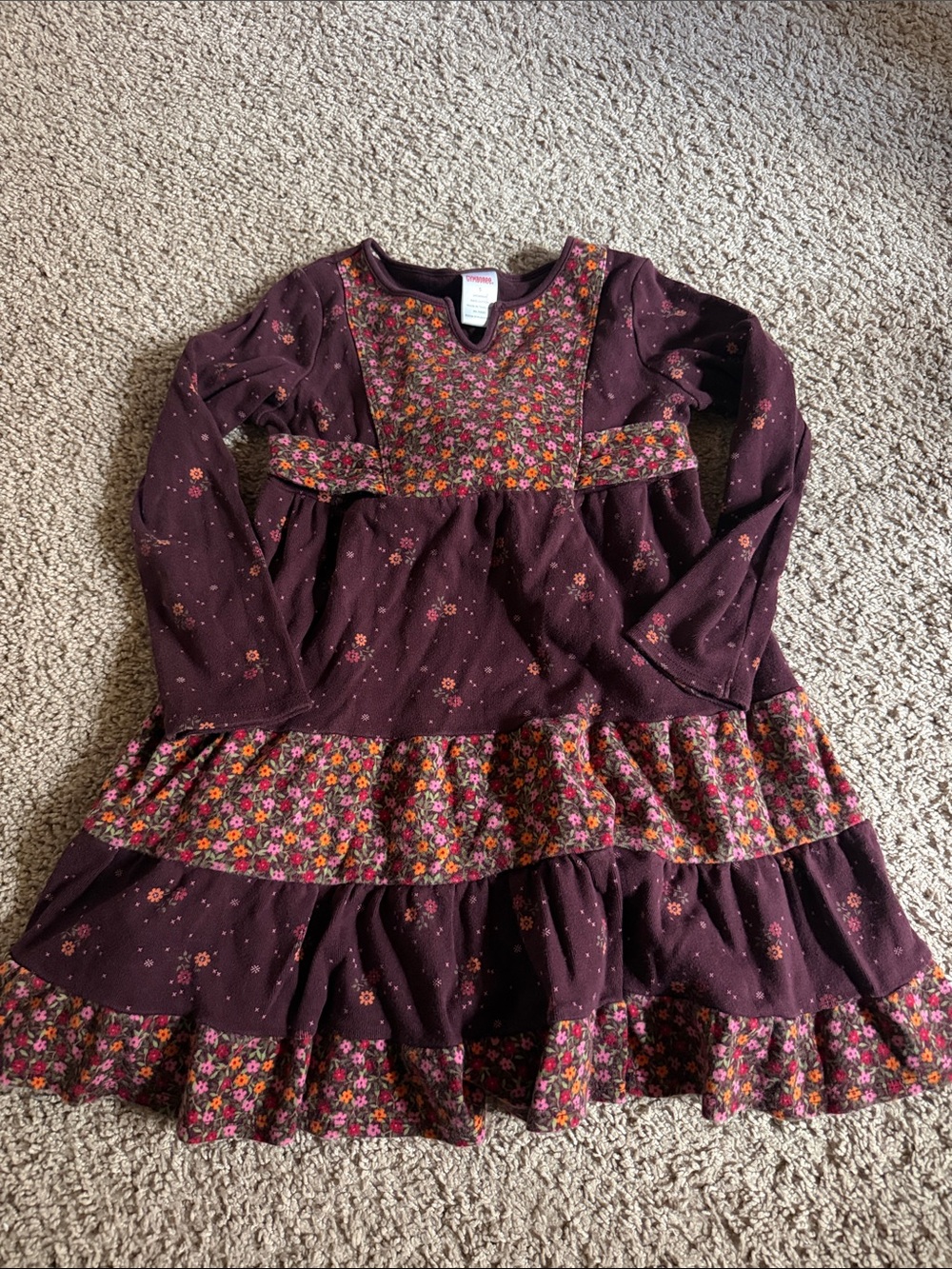 Girls' Floral Tiered Long-Sleeve Dress - Burgundy